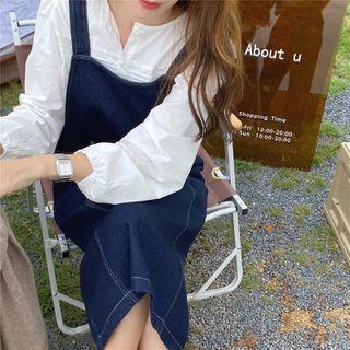 Plain Long-sleeve Blouse / Denim Midi A-line Overall Dress