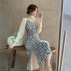 Long-sleeve Lace Top / Spaghetti Strap Heart Print Midi A-line Dress