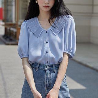 Puff-sleeve Pleated Collar Plain Blouse