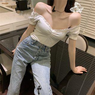 Plain Off-shoulder Frilled Crop Blouse