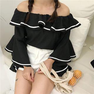 Contrast Trim Long Bell Sleeve Off Shoulder Top