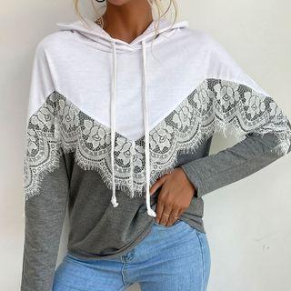 Long Sleeve Two Tone Lace Paneled Hoodie