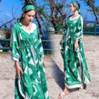 Leaf Printed V-neck Loose-fit Dress Green - One Size