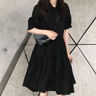Short-sleeve A-line Shirtdress Black - One Size