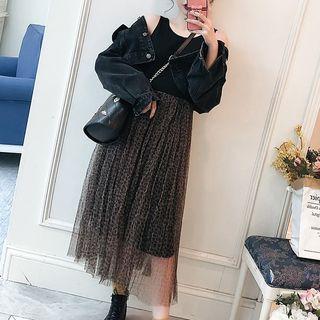 Cropped Denim Jacket / Leopard Print Mesh Panel Tank Dress / Set