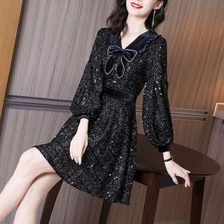 Long-sleeve Sequined Bow Front A-line Dress