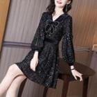 Long-sleeve Sequined Bow Front A-line Dress