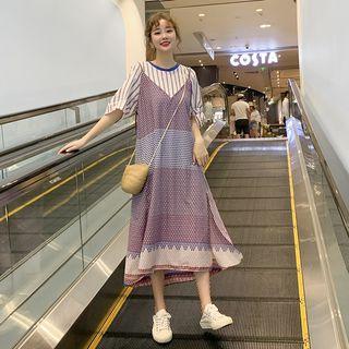 Mock Two-piece 3/4-sleeve Pattern Paneled Midi Dress