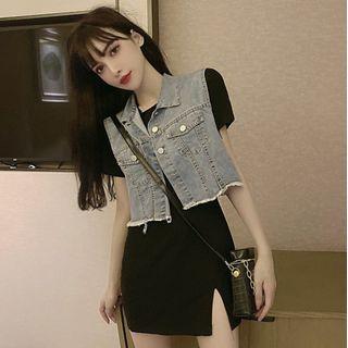 Set: Short-sleeve Mini T-shirt Dress + Cropped Denim Vest