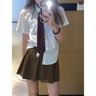 Short-sleeve Tie-neck Shirt / Single-breasted Sweater Vest / Mini A-line Skirt