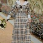 Long-sleeve Plaid Sailor Collar Midi A-line Dress