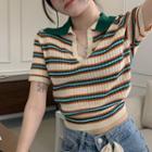 Short-sleeve Striped Polo Top Stripe - Green - One Size
