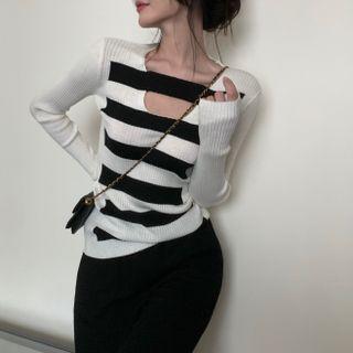 Striped Cutout Knit Top Stripes - Black & White - One Size