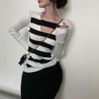Striped Cutout Knit Top Stripes - Black & White - One Size