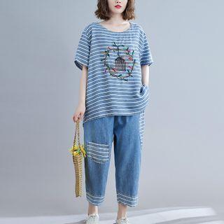 Set: Short-sleeve Striped T-shirt + Wide-leg Jeans