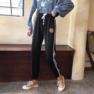 Flower Embroidered Sweatpants Black - One Size