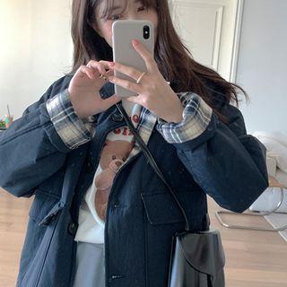 Flap-pocket Plaid-lining Padded Coat