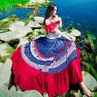 Cut-out Shoulder Gather-waist Patterned Maxi Dress