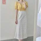 Short-sleeve Blouse / Embroidered Midi A-line Skirt