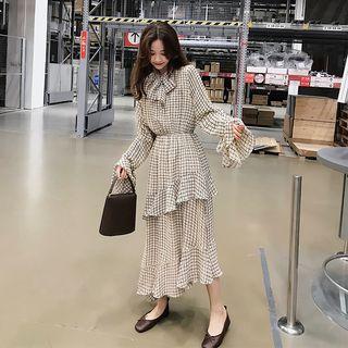Bow Accent Plaid Long-sleeve Midi A-line Dress