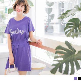 Sequined Letter Short Sleeve T-shirt Dress