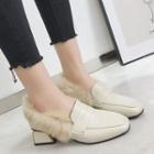 Square-toe Block Heel Furry-trim Mules