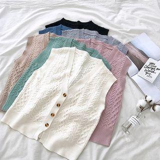 V-neck Single-breasted Cable-knit Sleeveless Cardigan
