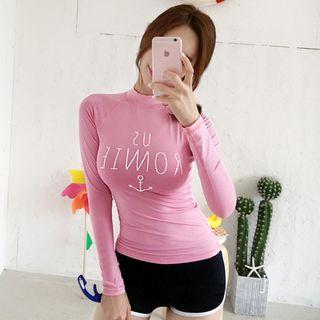 Set Of 2: Long-sleeve Lettering Swim Top + Swim Shorts