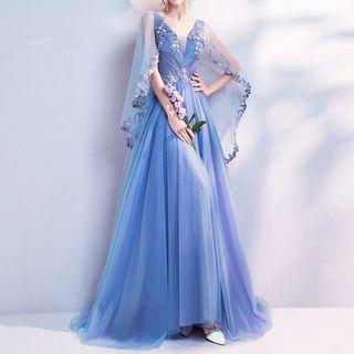 Flower Embroidered Sleeveless Evening Gown
