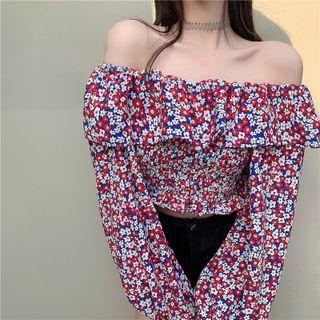 Off-shoulder Floral Print Blouse Floral Print - Blue & Red & White - One Size
