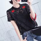 Flower Embroidered Lace Short Sleeve T-shirt