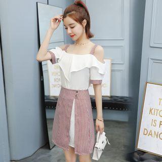 Set: Off Shoulder Short-sleeve Dress + A-line Skirt