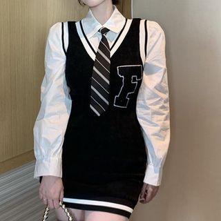 V-neck Sweater Vest Dress / Tie-neck Shirt