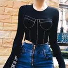 Long-sleeve Contrast Trim Crop T-shirt