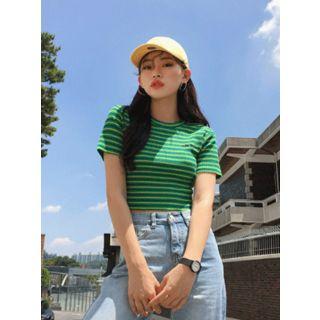 Stripe Lettering Embroidered Cropped Top