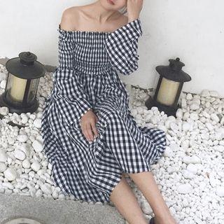 Off-shoulder Checked Dress