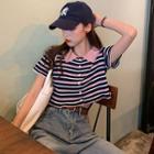Lapel Striped Short-sleeve Knit Top As Shown In Figure - One Size
