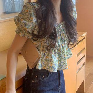 Puff Sleeve Square Neck Floral Print Ruched Cropped Blouse