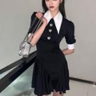 Elbow-sleeve Collared Mini A-line Dress