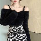 Furry Off-shoulder Long-sleeve Top / Zebra Print High-waist Skirt