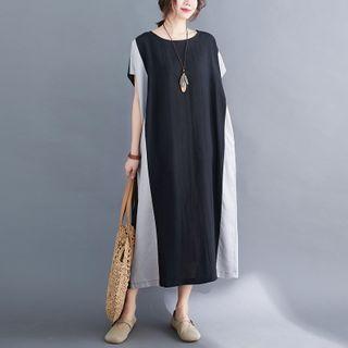 Short-sleeve Two-tone Midi Shift Dress