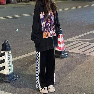 Checkerboard Trim Wide Leg Sweatpants