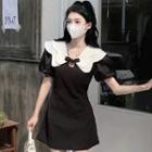 Puff-sleeve Keyhole Collared A-line Dress