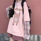 Mock Two-piece Plaid Panel Hoodie Pink - One Size