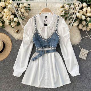 Set: Long-sleeve Shirt + Faux Pearl Denim Cropped Camisole Top