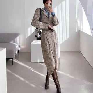 Set: Plaid Cropped Jacket + Button-trim Long Skirt