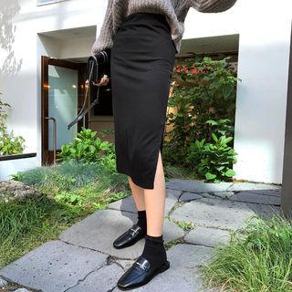 Elasticized-waist Slit-side H-line Skirt