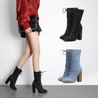 Block Heel Lace Up Denim Short Boots
