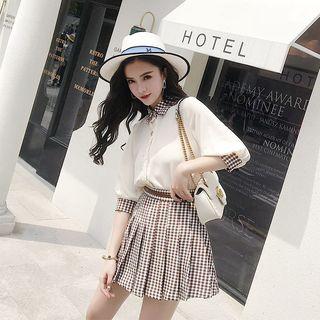 Set: Elbow-sleeve Shirt + Pleated Skirt