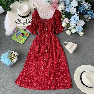 Square-neck Dotted Short-sleeve Dress